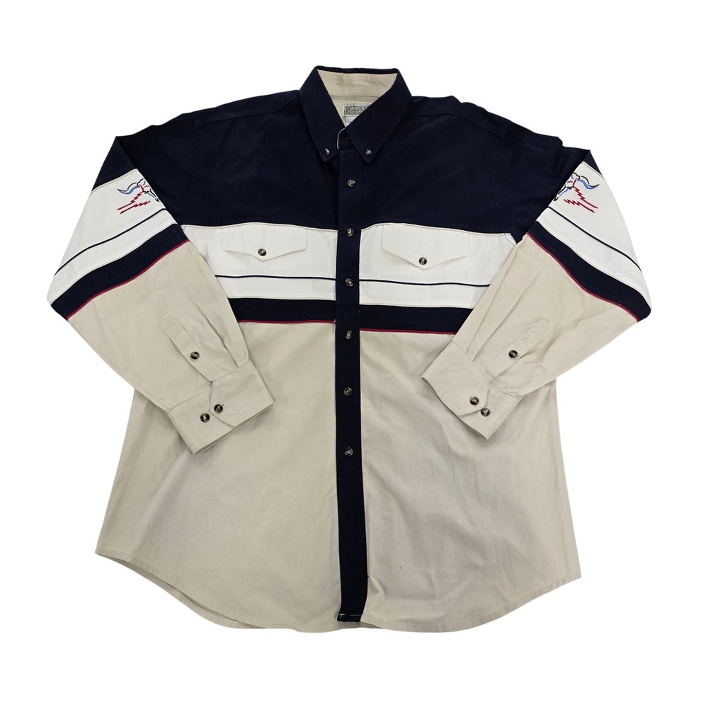 Vintage‎ Express Rider Mens L Western Shirt Colorblock Steer Skull Embroidered